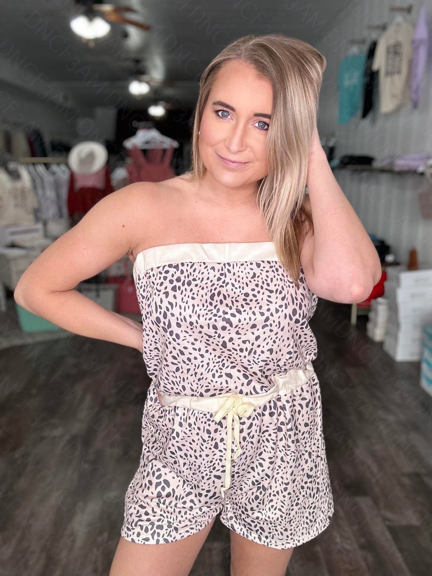RTS: The Holly Strapless Leopard Romper
