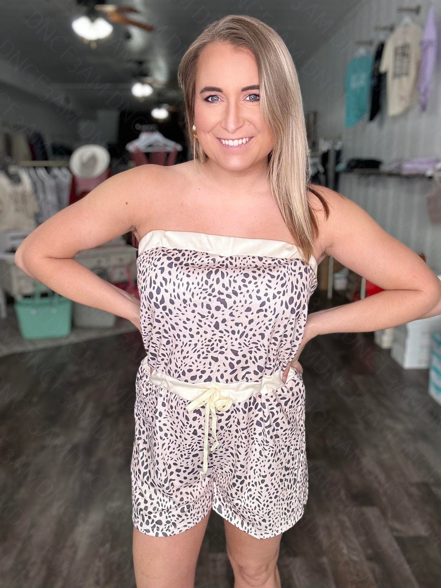 RTS: The Holly Strapless Leopard Romper