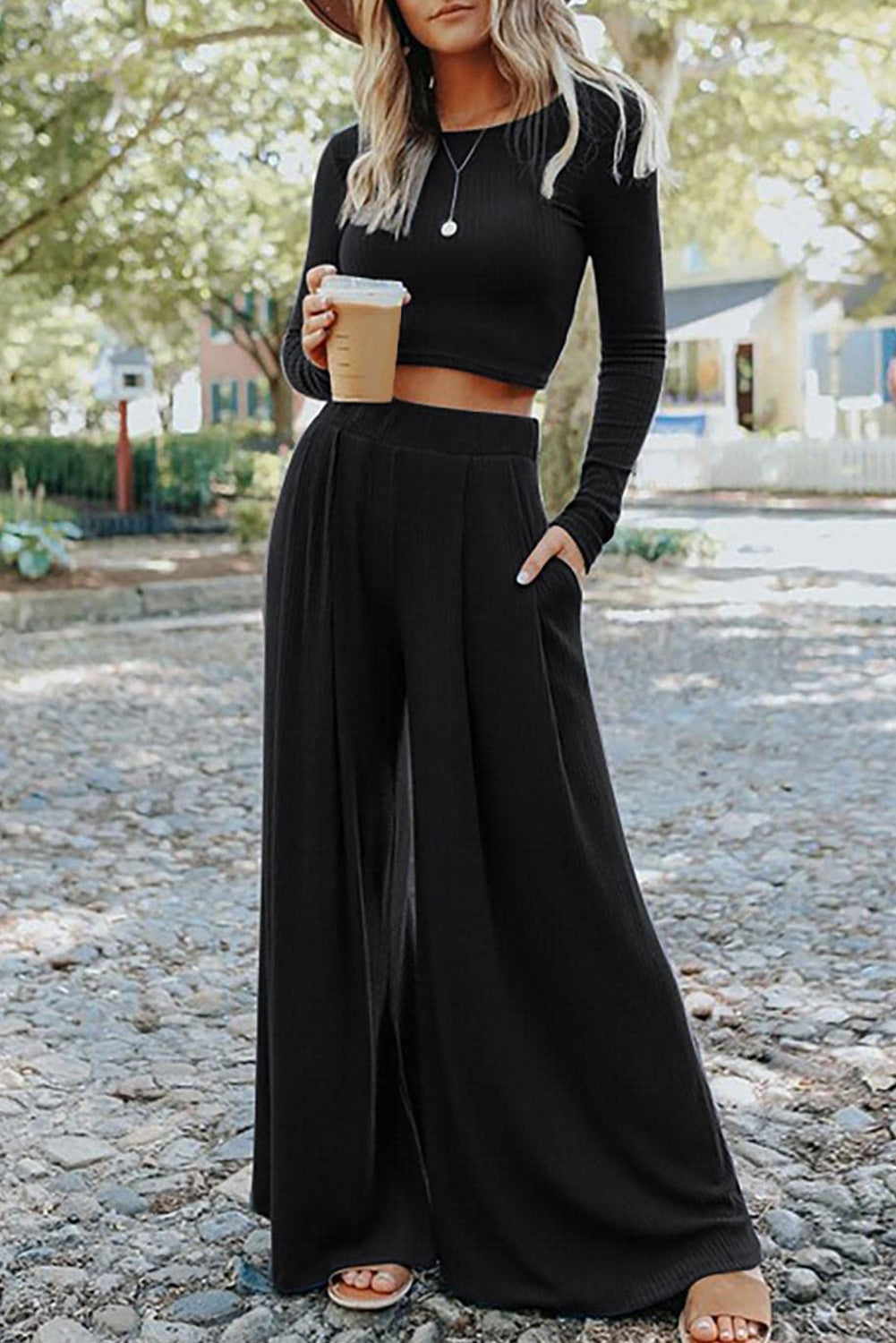 RTS: The Kat Long Sleeve Crop and Wide Leg Pant Set