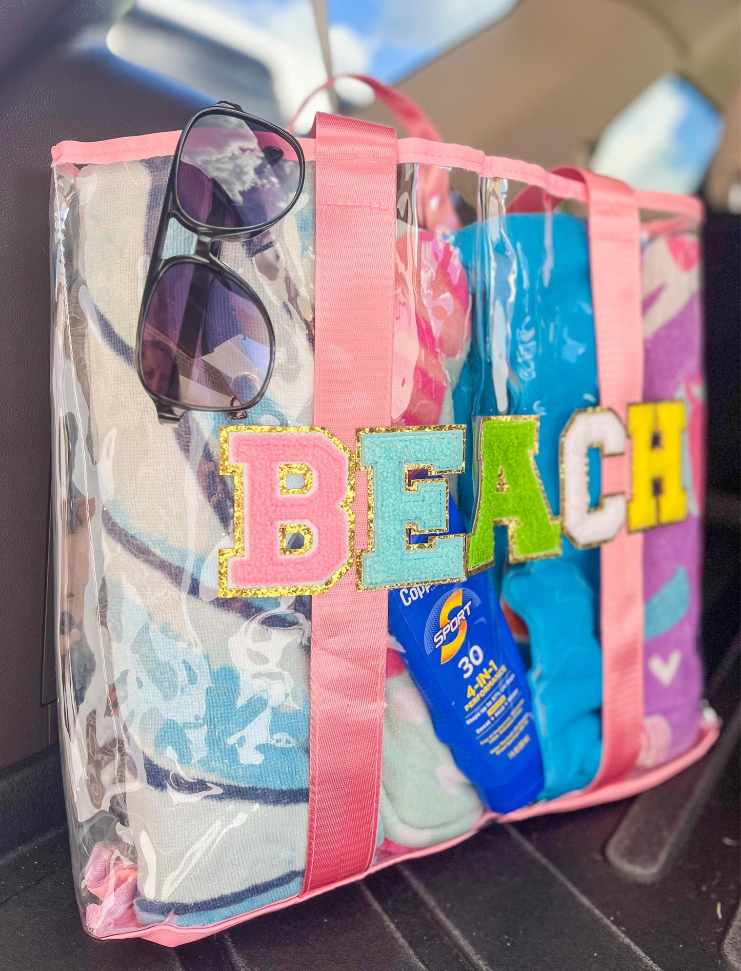 RTS: Clear Embroidered Chenille Letter Totes
