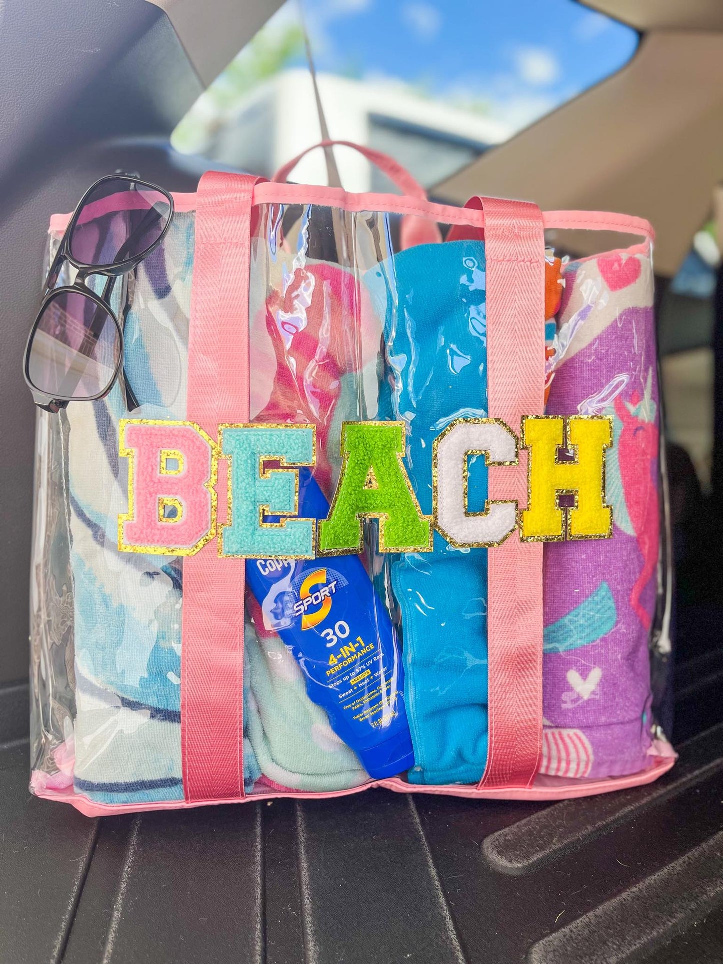 RTS: Clear Embroidered Chenille Letter Totes