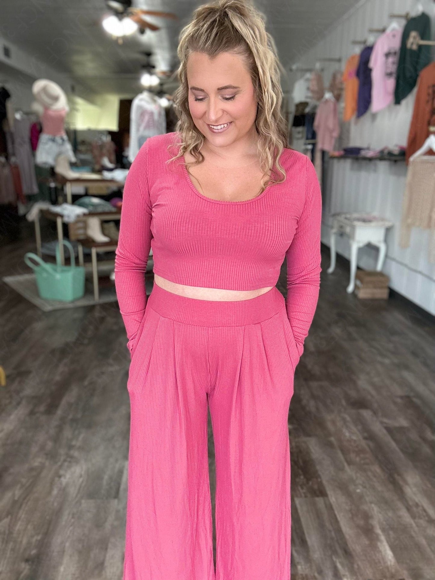 RTS: The Kat Long Sleeve Crop and Wide Leg Pant Set