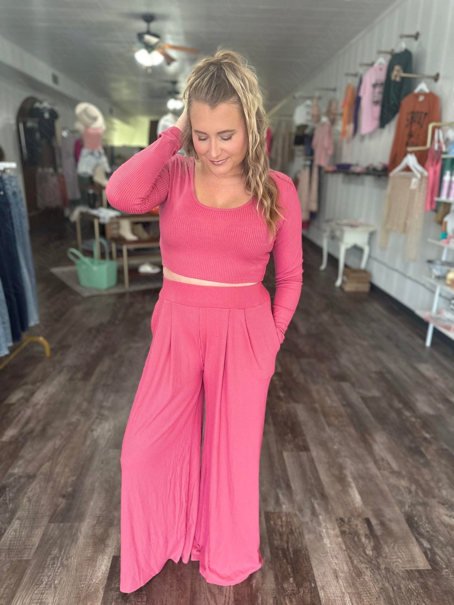 RTS: The Kat Long Sleeve Crop and Wide Leg Pant Set