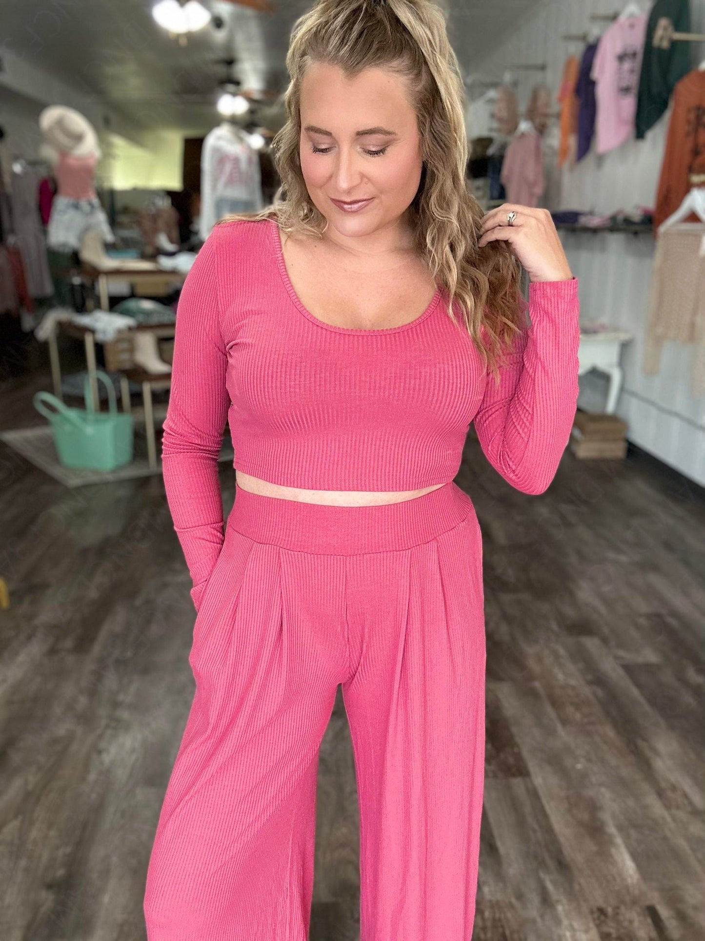 RTS: The Kat Long Sleeve Crop and Wide Leg Pant Set