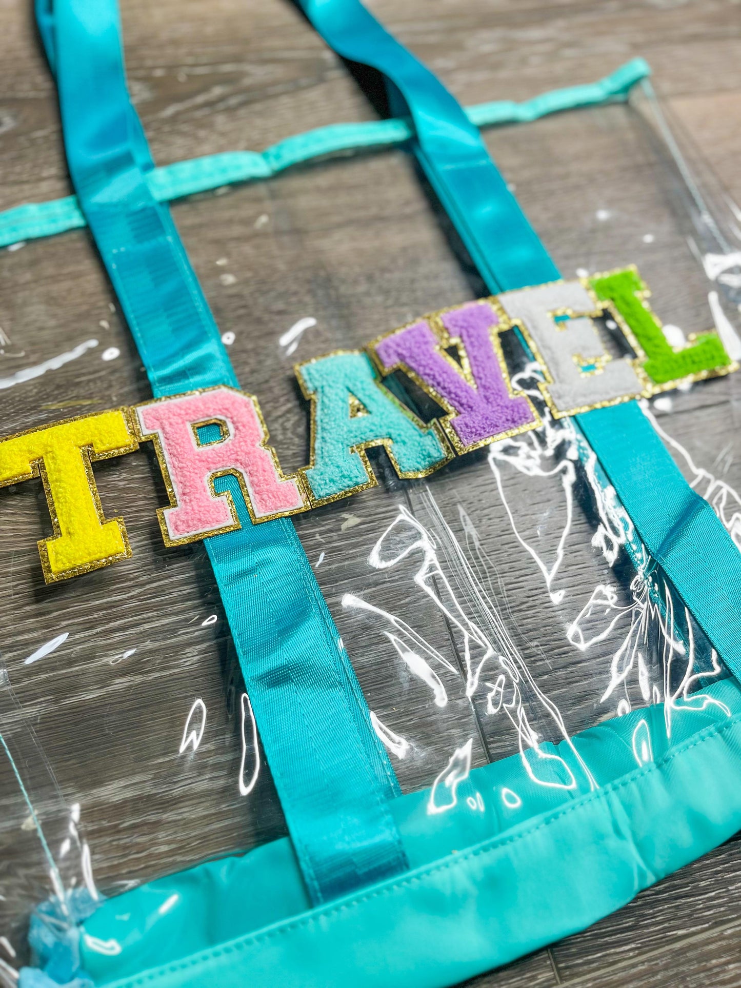 RTS: Clear Embroidered Chenille Letter Totes