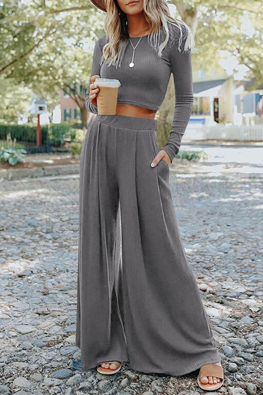 RTS: The Kat Long Sleeve Crop and Wide Leg Pant Set