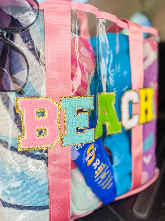 RTS: Clear Embroidered Chenille Letter Totes